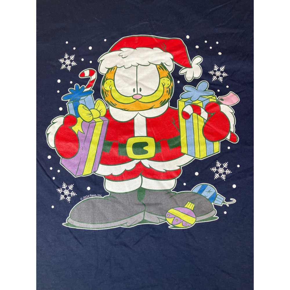 Garfield Santa Christmas T Shirt Navy Blue Graphic Print Short Sleeve size XL‎ - Picture 2 of 7